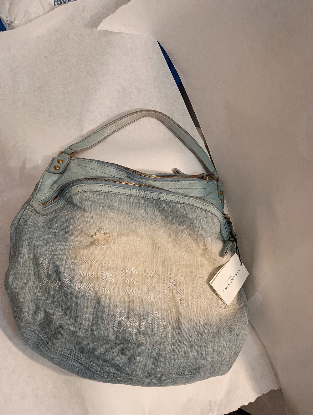 Liebeskind Berlin Vega A Denim Shoulder Distressed Large Crossbody Bag Display